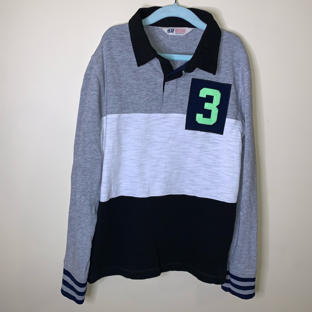 H&M RUGBY POLO JERSEY LONG-SLEEVE EMBROIDERY PATCH STRIPED SLUB SHIRT TOP 8-10